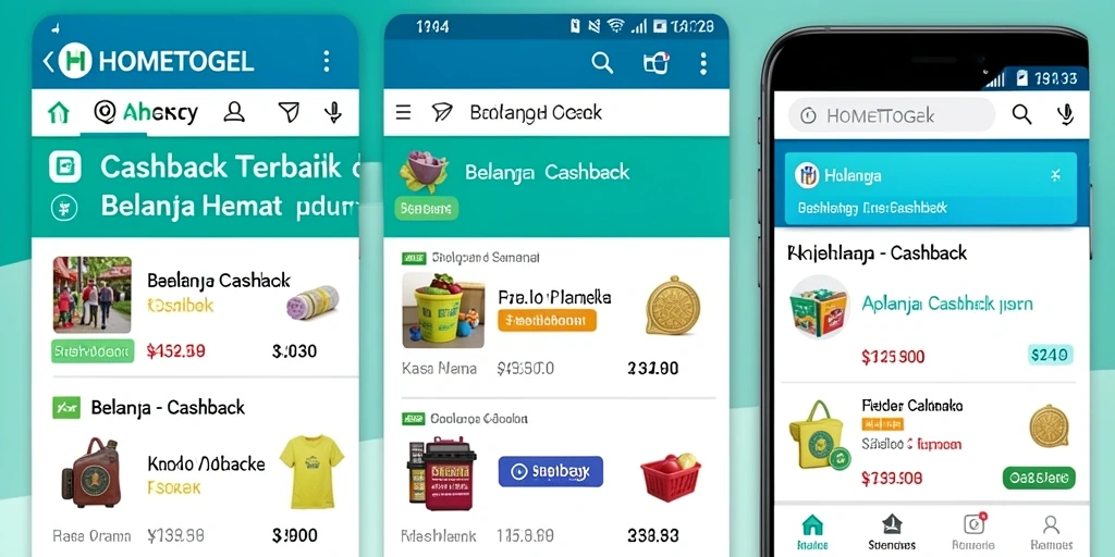 Antarmuka HOMETOGEL menampilkan fitur cashback yang menarik dan mudah digunakan.